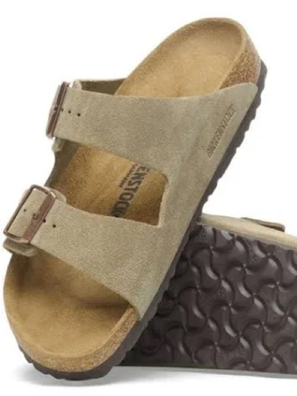 MAKE AN OFFER BIRKENSTOCK Arizona Taupe Suede Double-Buckle Slide Cork Sandals - Picture 3 of 11